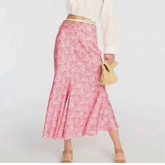 J. Crew Silky Flare Slip Skirt Pink Dandelion Swirl Sz S Trumpet‎ Midi Coquette - Picture 2 of 16